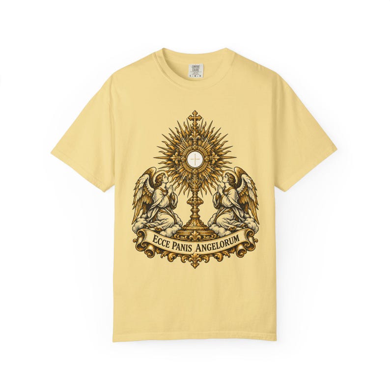 Monstrance Tee, Behold the Bread of Angels, Eucharist Adoration Gift for Priests or Deacons, Corpus Christi, Ecce Panis, Comfort Colors image 4
