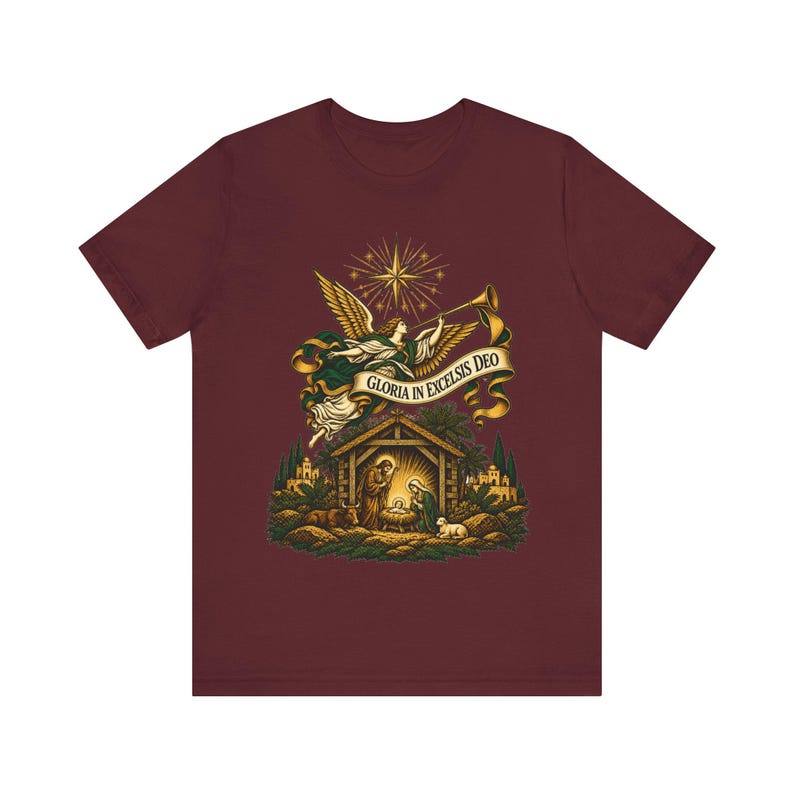 Christmas Angel Shirt, Gloria in Excelsis Deo Herald Tee, Vintage Nativity Art, Christian Gift for Choir, Bethlehem Star, Catholic Holiday image 4