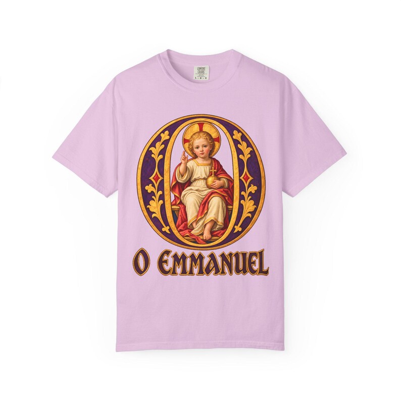 O Emmanuel Comfort Colors Shirt | Catholic Advent T-Shirt | O Antiphon Gift | Illuminated Letter with Christ Child image 12