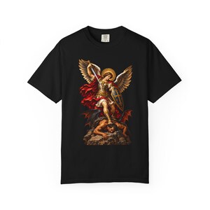 Archangel Michael Tee, Triumphant Angel Crushing the Devil, Warrior Prayer Gift for Dad, Godson or Husband, Comfort Colors image 2
