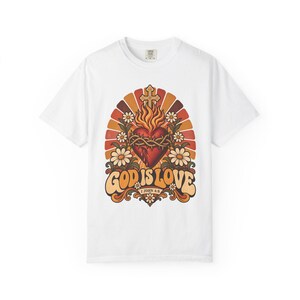 Retro Bible Verse Tee, 1 John 4 8 Sacred Heart Sunburst, Vintage Christian Gift for Mom, Boho Floral Scripture Apparel, Comfort Colors image 2