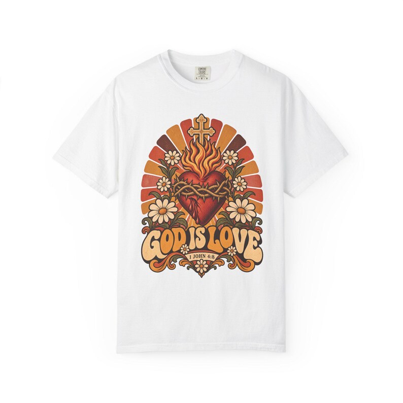 Retro Bible Verse Tee, 1 John 4 8 Sacred Heart Sunburst, Vintage Christian Gift for Mom, Boho Floral Scripture Apparel, Comfort Colors image 2