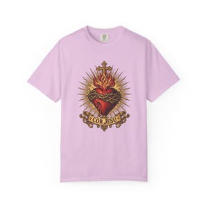 Sacred Heart Sunburst Tee, Cor Jesu Blazing Golden Rays, Crown of Thorns Catholic Religious Gift for Him or Her, Comfort Colors image 5
