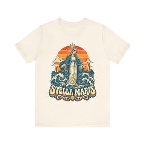 Stella Maris Shirt, Our Lady Star of the Sea Tee, Retro Catholic Beach Apparel, Virgin Mary Coastal Gift, Lighthouse and Sailboat Art image 2