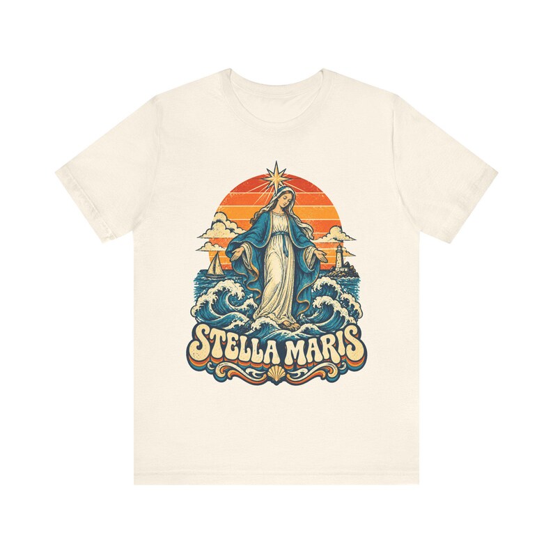 Stella Maris Shirt, Our Lady Star of the Sea Tee, Retro Catholic Beach Apparel, Virgin Mary Coastal Gift, Lighthouse and Sailboat Art image 2
