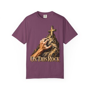 On This Rock Comfort Colors Shirt | Catholic Climbing T-Shirt | Gift for Rock Climber | Hand on Rock with Cross image 5