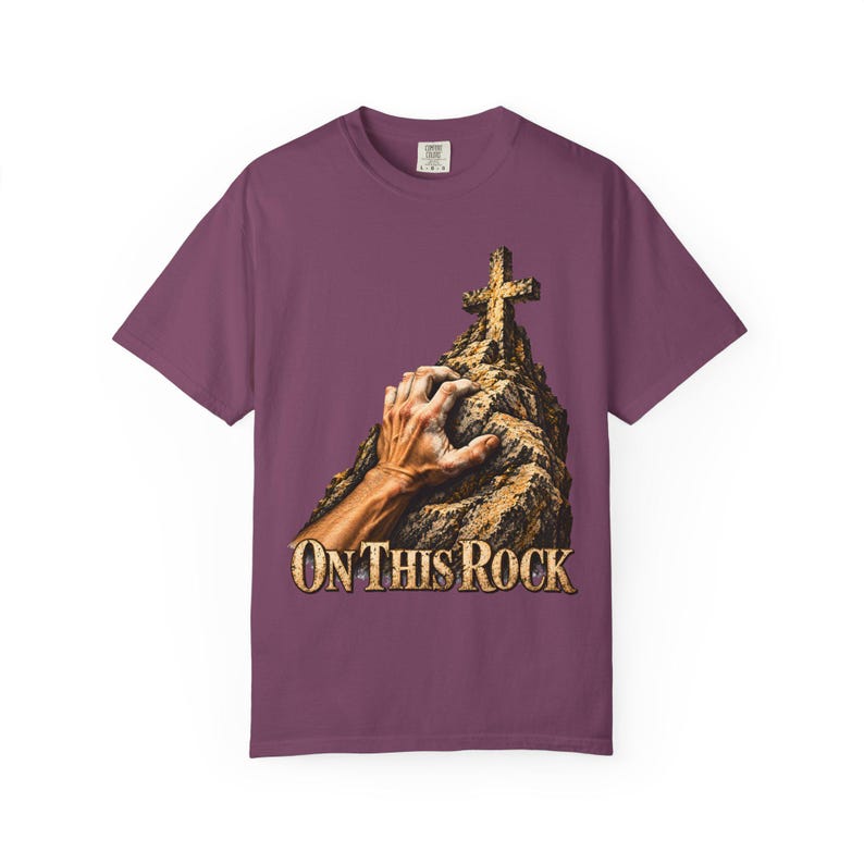 On This Rock Comfort Colors Shirt | Catholic Climbing T-Shirt | Gift for Rock Climber | Hand on Rock with Cross image 5