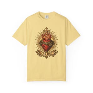 Sacred Heart Sunburst Tee, Cor Jesu Blazing Golden Rays, Crown of Thorns Catholic Religious Gift for Him or Her, Comfort Colors image 3