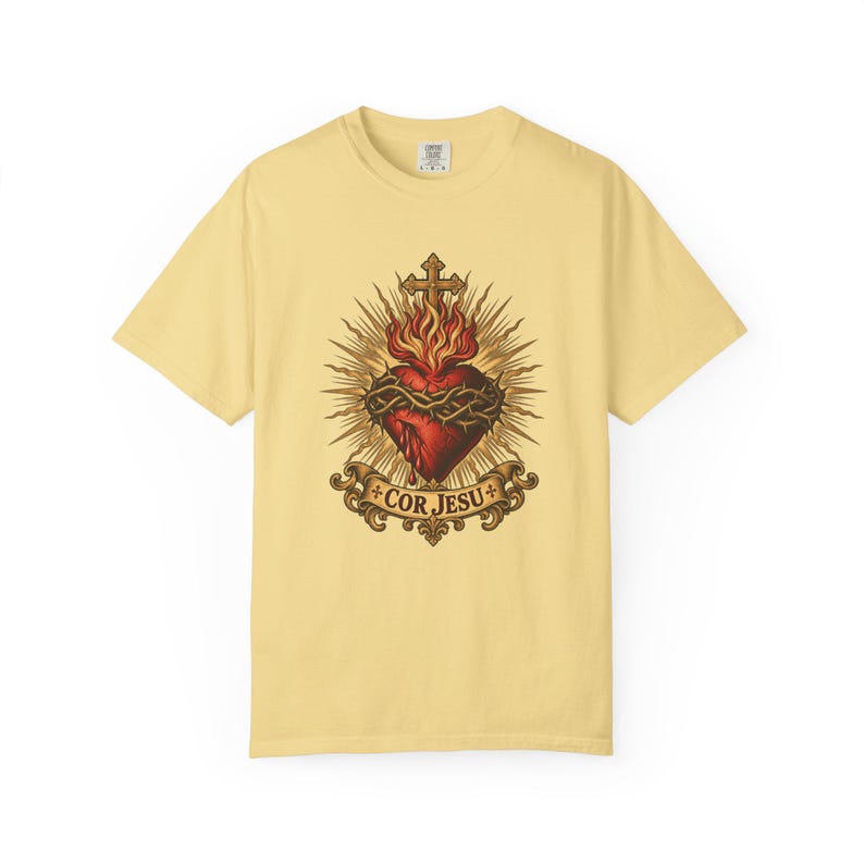 Sacred Heart Sunburst Tee, Cor Jesu Blazing Golden Rays, Crown of Thorns Catholic Religious Gift for Him or Her, Comfort Colors image 3