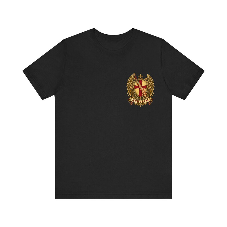 St Michael Emblem Back Print Tee, Sticker Style Winged Crest, Defend Us in Battle, Catholic Dad Gift for Godfather or Confirmation image 5