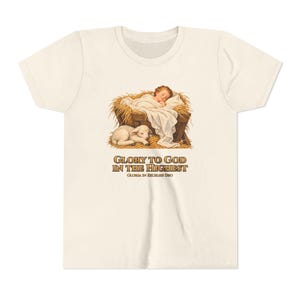 Kids Glory to God in the Highest Shirt, Youth Nativity Christmas Tee, Catholic Christmas Gift for Kids, Baby Jesus in the Manger image 6