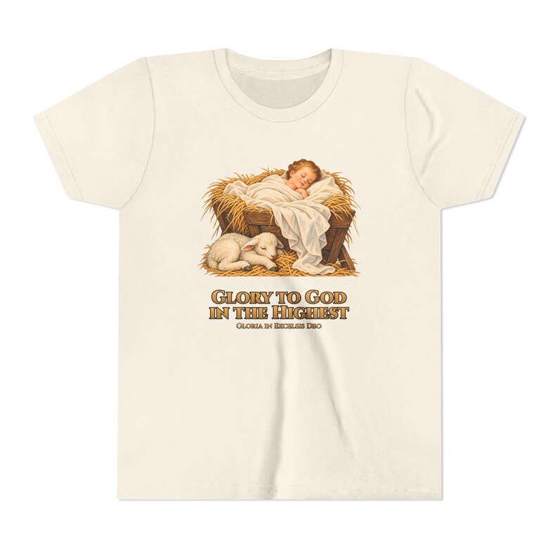 Kids Glory to God in the Highest Shirt, Youth Nativity Christmas Tee, Catholic Christmas Gift for Kids, Baby Jesus in the Manger image 6