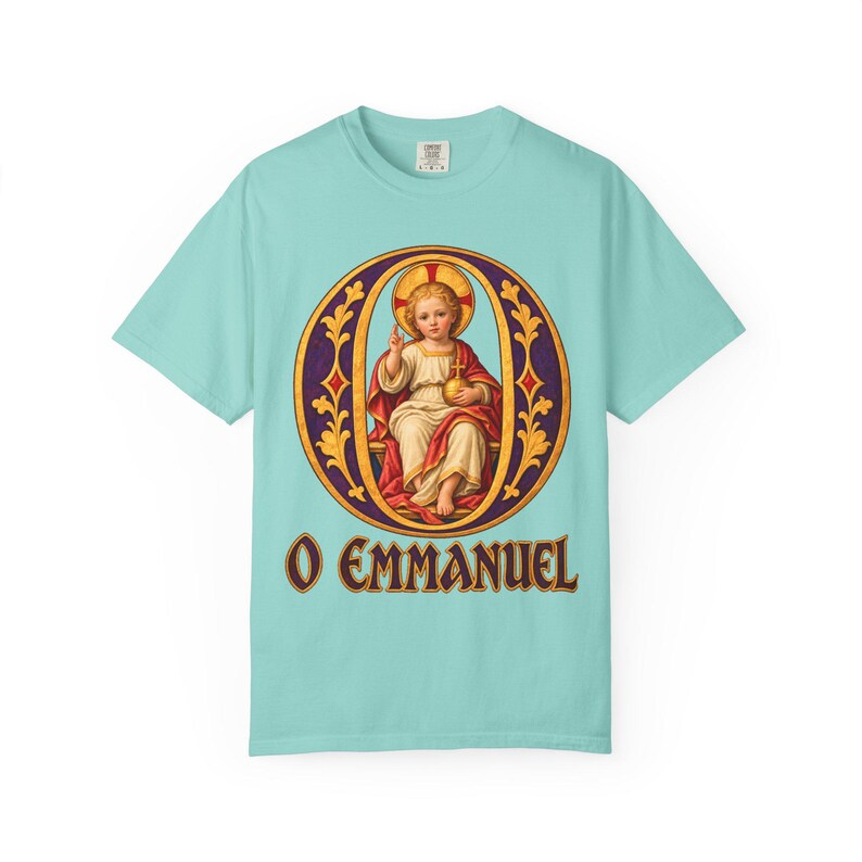 O Emmanuel Comfort Colors Shirt | Catholic Advent T-Shirt | O Antiphon Gift | Illuminated Letter with Christ Child image 6