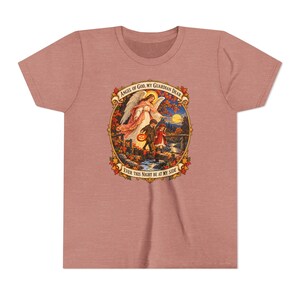 Camiseta infantil con la oración del Ángel de Dios, camiseta juvenil del Ángel Guardián, regalo católico para niños "Mi querido Guardián", arte vintage de puente otoñal. imagen 3