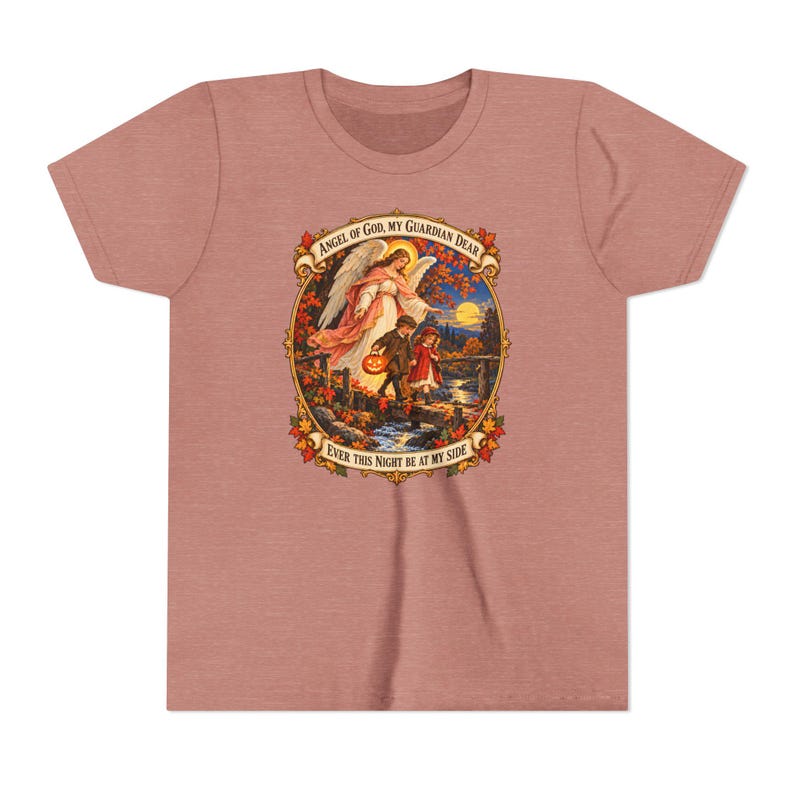 Camiseta infantil con la oración del Ángel de Dios, camiseta juvenil del Ángel Guardián, regalo católico para niños "Mi querido Guardián", arte vintage de puente otoñal. imagen 3