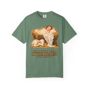 Glory to God in the Highest Comfort Colors Shirt | Catholic Christmas Nativity T-Shirt | Christmas Gift | Christ Child with Lamb image 3