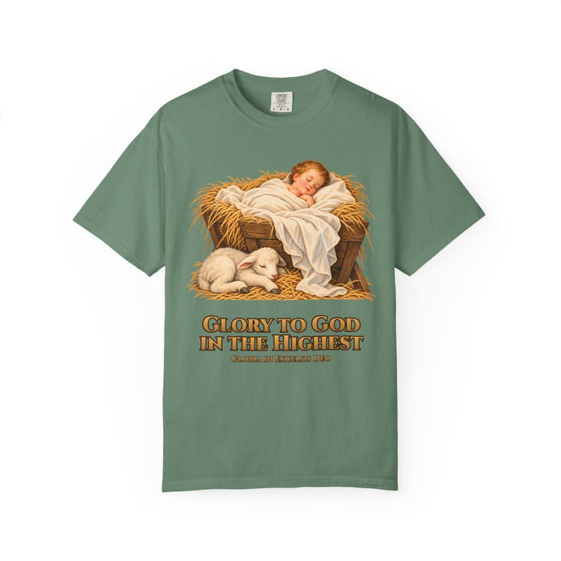 Glory to God in the Highest Comfort Colors Shirt | Catholic Christmas Nativity T-Shirt | Christmas Gift | Christ Child with Lamb image 3