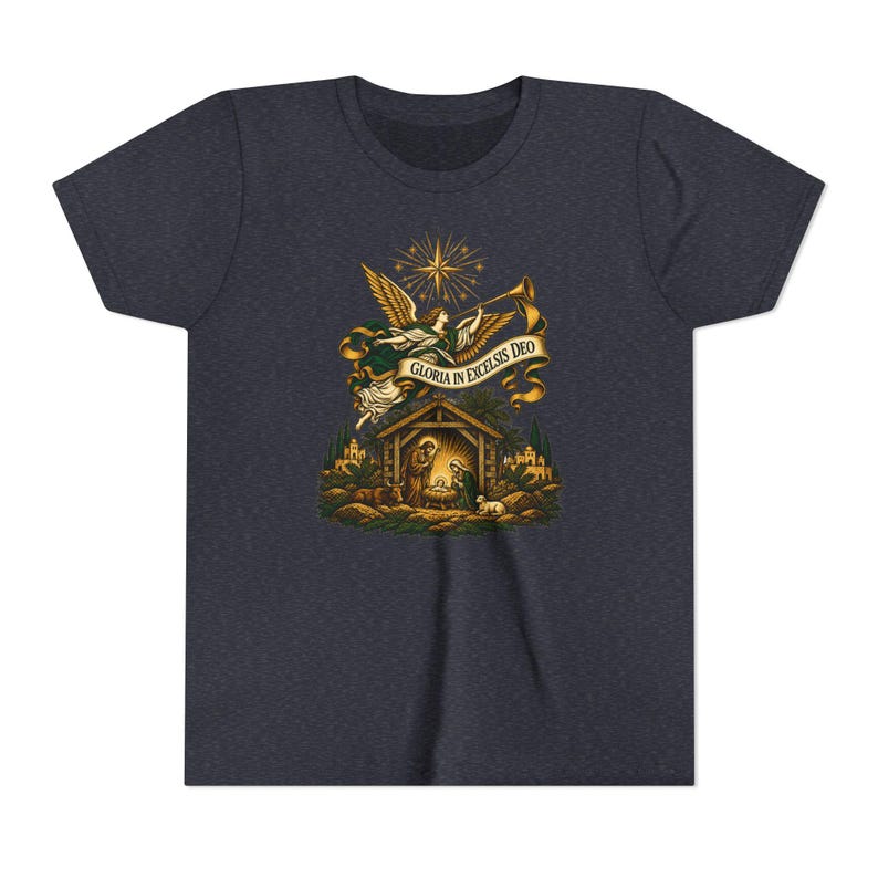 Kids Herald Angel Trumpet Shirt, Youth Glory to God in the Highest Tee, Christian Christmas Gift for Kids, Vintage Nativity image 14
