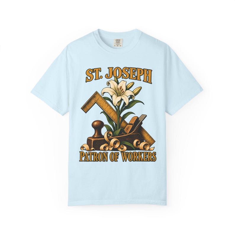 T-shirt met afbeelding van Sint Jozef, beschermheilige van de arbeiders | T-shirt in comfortabele kleuren | Katholiek T-shirt | Cadeau voor papa | Timmermansgereedschap en lelie afbeelding 9