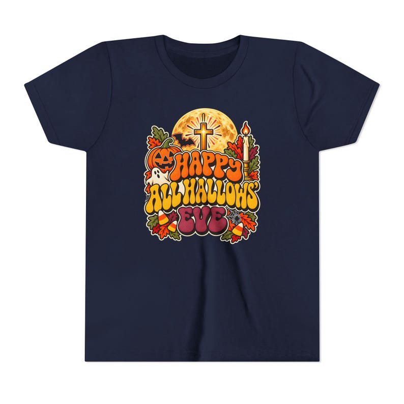 Kinder T-shirt met katholieke Halloween-opdruk, retro en groovy Halloween-shirt, pompoen met kruis en maan. afbeelding 6