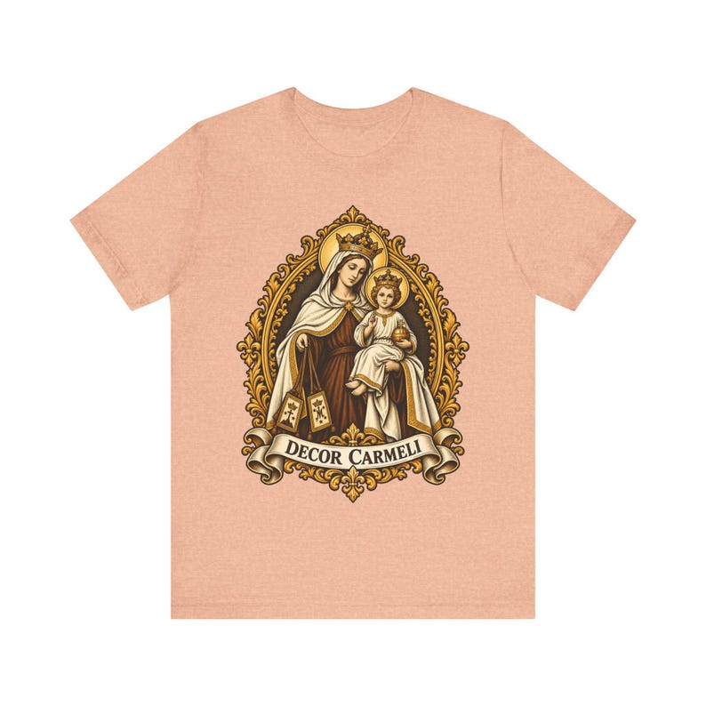 Mount Carmel Madonna Shirt, Brown Scapular Devotion Tee, Golden Frame Marian Art, Carmelite Virgin Mary Gift for Women, Catholic Apparel image 6
