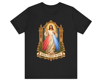 Camiseta de la Divina Misericordia, Camiseta "Jesús, confío en ti", Imagen sagrada con marco dorado gótico, Regalo católico para mujeres, Octava de Pascua de Santa Faustina