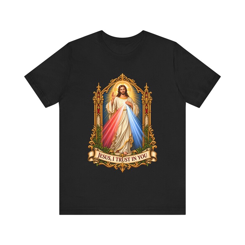 Divine Mercy Shirt, Jesus I Trust in You Tee, Gothic Gold Frame Holy Image, Catholic Gift for Women, St Faustina Easter Octave image 1
