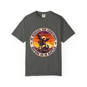 Retro St Michael Badge Tee, Defend Us in Battle Sunset, Archangel Slaying Dragon, Vintage Catholic Shirt, Men's Gift, Comfort Colors image 3