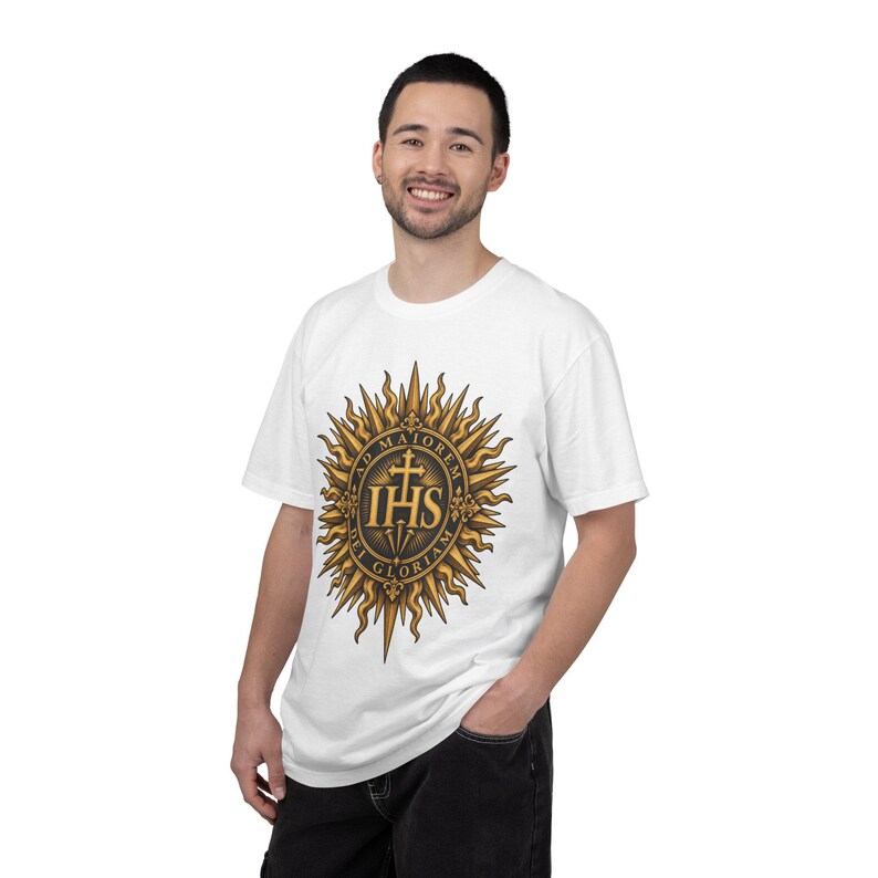 IHS Christogram Tee, AMDG Golden Sunburst, For the Greater Glory of God, Latin Catholic Gift for Jesuit Alumni or Graduates, Comfort Colors image 10