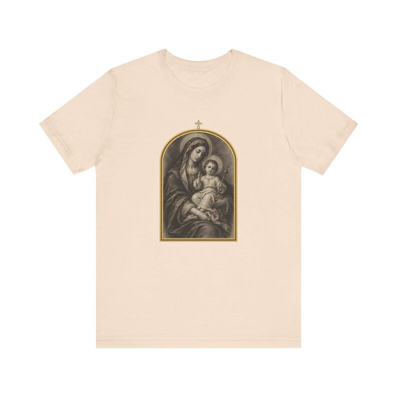 Virgin Mary Shirt, Madonna and Child Charcoal Sketch, Blessed Mother Catholic Gift for Mom, Vintage Marian Art Tee, Baby Jesus Top image 5