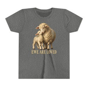Kids Ewe Are Loved Shirt, Youth Lamb Tee, Sweet Christian Gift for Kids, Vintage Ewe and Lamb Painting image 2