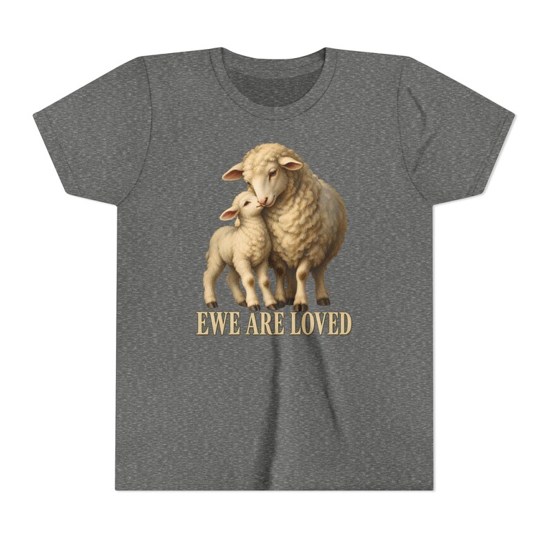 Kids Ewe Are Loved Shirt, Youth Lamb Tee, Sweet Christian Gift for Kids, Vintage Ewe and Lamb Painting image 2