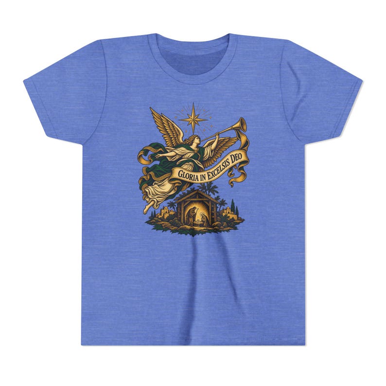 Camiseta infantil del Ángel de la Natividad, Camiseta juvenil Gloria in Excelsis Deo, Regalo católico de Navidad para niños, Representación navideña de la Estrella de Belén imagen 12
