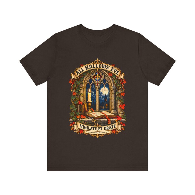 Maglietta di Ognissanti / Maglietta cattolica di Halloween / Regalo gotico / Vigilate et Orate, Finestra della chiesa illuminata dalla luna immagine 8