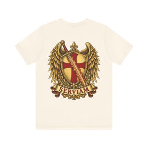 St Michael Emblem Back Print Tee, Sticker Style Winged Crest, Defend Us in Battle, Catholic Dad Gift for Godfather or Confirmation image 2