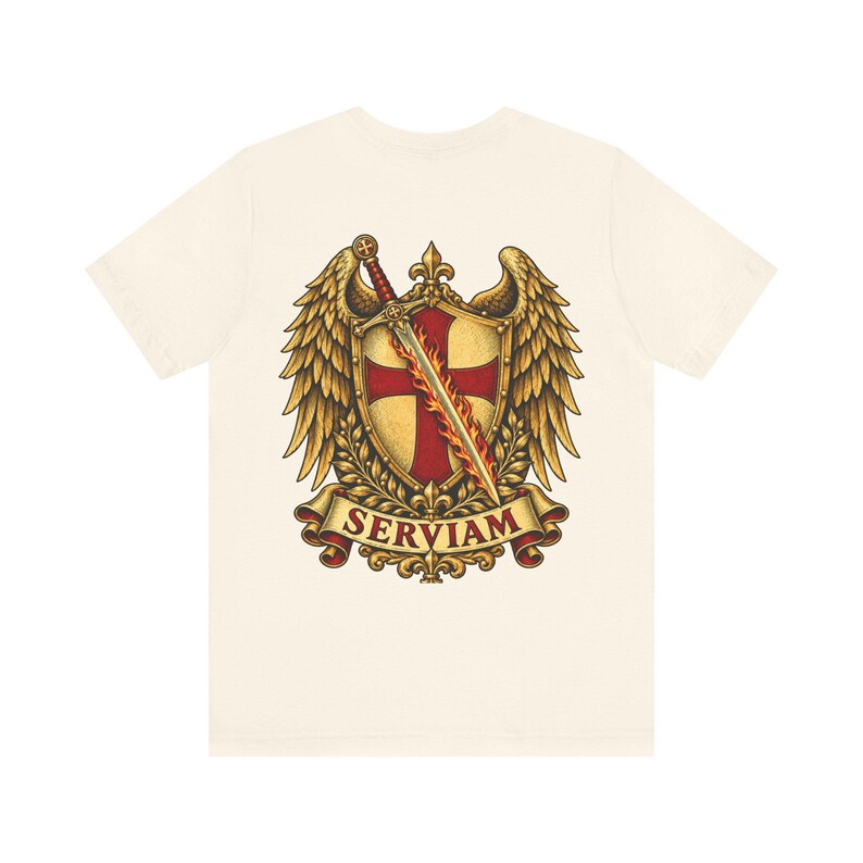 St Michael Emblem Back Print Tee, Sticker Style Winged Crest, Defend Us in Battle, Catholic Dad Gift for Godfather or Confirmation image 2