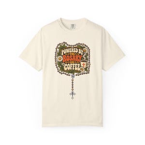 Funny Rosary and Coffee Tee, Retro Catholic Mom Gift, Caffeine Prayer Top for Women, Christian Humor Apparel for Teachers, Comfort Colors image 1