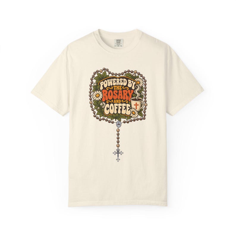 Funny Rosary and Coffee Tee, Retro Catholic Mom Gift, Caffeine Prayer Top for Women, Christian Humor Apparel for Teachers, Comfort Colors image 1