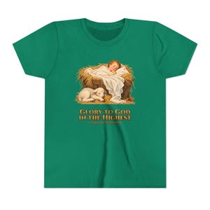 Kids Glory to God in the Highest Shirt, Youth Nativity Christmas Tee, Catholic Christmas Gift for Kids, Baby Jesus in the Manger image 9