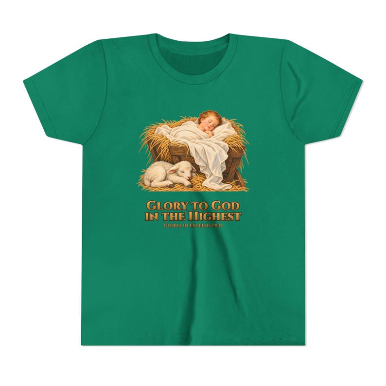 Kids Glory to God in the Highest Shirt, Youth Nativity Christmas Tee, Catholic Christmas Gift for Kids, Baby Jesus in the Manger image 9