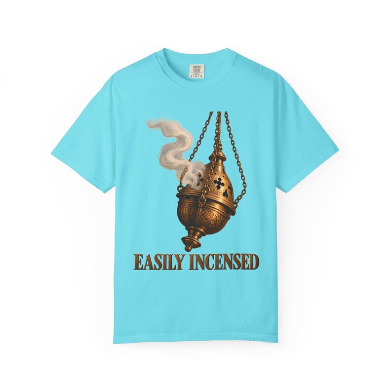 Easily Incensed Comfort Colors Shirt | Funny Catholic T-Shirt | Gift for Altar Server | Vintage Thurible with Smoke image 2