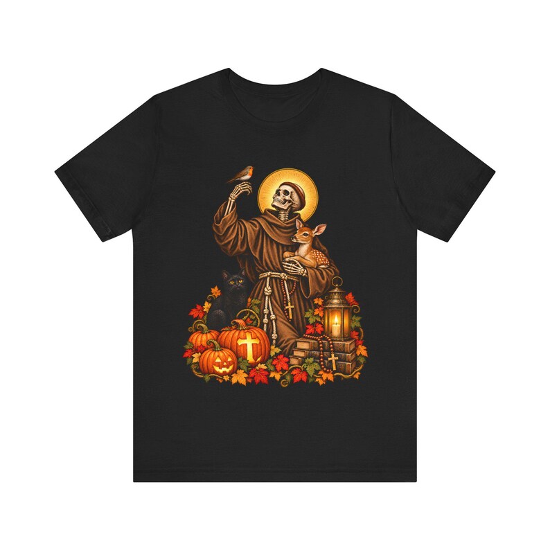 Skeleton St Francis Shirt | Catholic Halloween T-Shirt | Animal Lover Gift | Spooky Saint with Deer and Cat image 8
