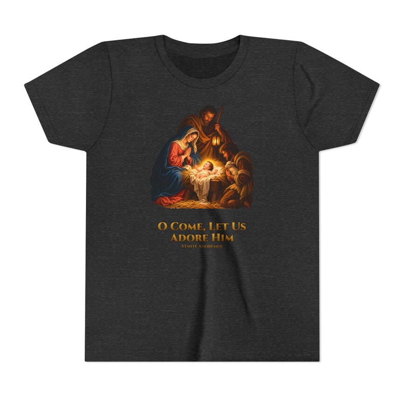Kids O Come Let Us Adore Him Shirt, Youth Nativity Christmas Tee, Catholic Christmas Gift for Kids, Holy Family Venite Adoremus image 15