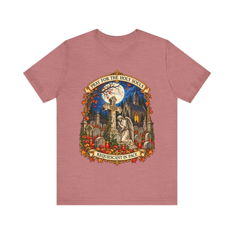 Camiseta "Pray for the Holy Souls", Camiseta católica "Requiescant in Pace" del Purgatorio, Regalo de recuerdo de noviembre, Arte de ángel de cementerio, Camiseta Bella Canvas imagen 1