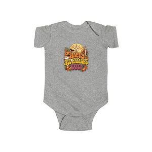 Baby Catholic Halloween Bodysuit, Happy All Hallows Eve Retro Groovy Infant One Piece, Cute Fall Baby Gift, Jack O Lantern Cross Moon image 2