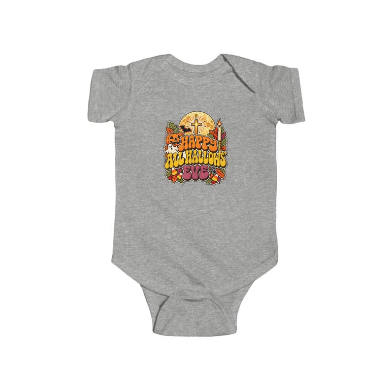 Baby Catholic Halloween Bodysuit, Happy All Hallows Eve Retro Groovy Infant One Piece, Cute Fall Baby Gift, Jack O Lantern Cross Moon image 2