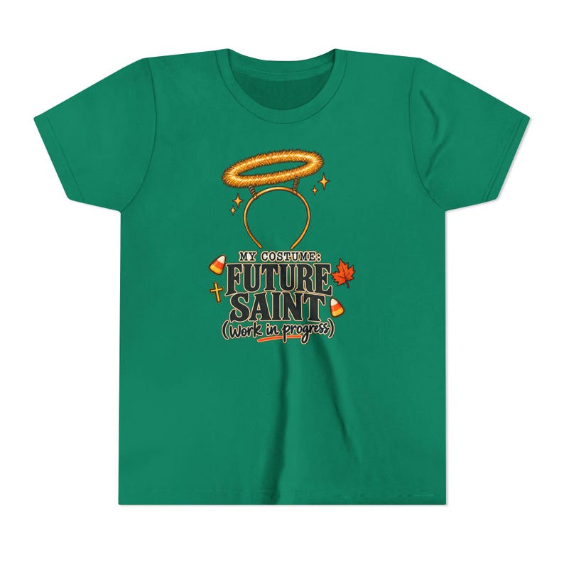 Kids Future Saint Costume Shirt, Sparkly Halo Halloween Tee, Catholic Trick or Treat Outfit image 3