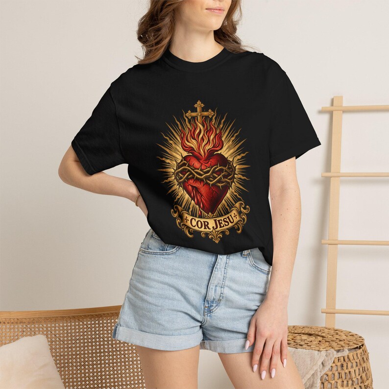 Sacred Heart Sunburst Tee, Cor Jesu Blazing Golden Rays, Crown of Thorns Catholic Religious Gift for Him or Her, Comfort Colors image 1