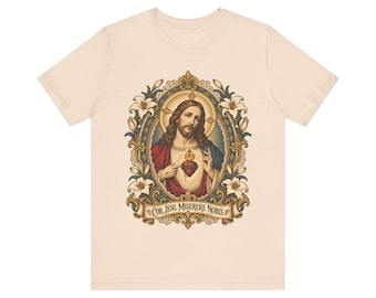 Jesu heliga hjärtas porträttskjorta, Cor Jesu Miserere Nobis helig kortskjorta, Batoni-stil katolsk konst med liljor, kristen gåva för män