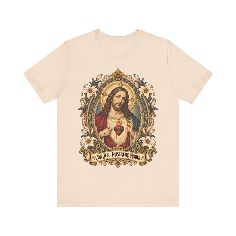 Jesu heliga hjärtas porträttskjorta, Cor Jesu Miserere Nobis helig kortskjorta, Batoni-stil katolsk konst med liljor, kristen gåva för män bild 1